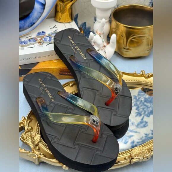 🆕 KURT GEIGER LONDON 🧿 NWOB Japonski Kensington Rainbow Flipflop, Black - Sz 7 - Picture 7 of 12